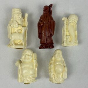 Lot of 5 Miniature Resin Figures Chinese Gods Shou, Happy Buddha-Health Fortune